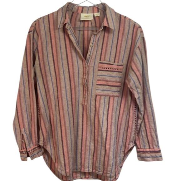 Maeve Small | Linen Cotton Button Down | Striped Pink Peach Blue | Anthropologie - Picture 1 of 10